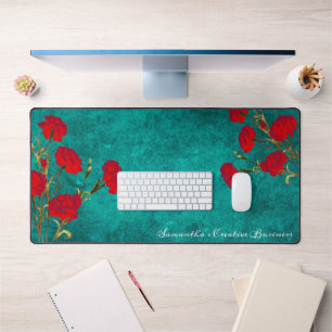 Vintage Design Floral Red Carnation Add Name Teal Desk Mat
