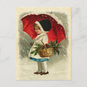 Vintage Design Girl with Christmas Umbrella Holiday Postcard