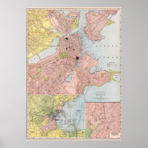 Vintage Detailed City Map of Boston 1912 Poster