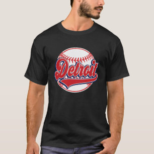 Vintage Detroit Cityscape Baseball Player and Fan T-Shirt
