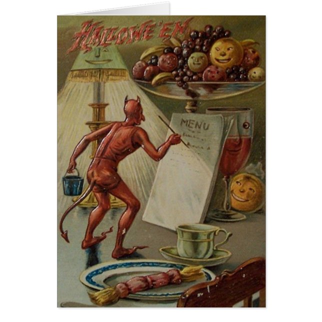 Vintage Devil Dinner Menu Halloween Card (Front)