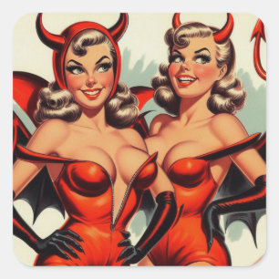 Vintage Devil Girls Illustration Square Sticker