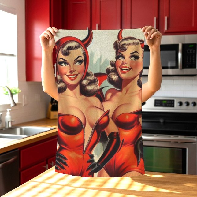 Vintage Devil Girls Illustration Tea Towel (Creator Uploaded)