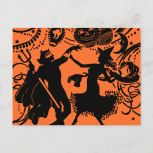 Vintage Devil Witch Dance Silhouette Illustration Postcard