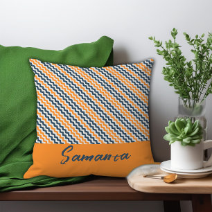 Vintage diagonal geometric orange grey name cushion