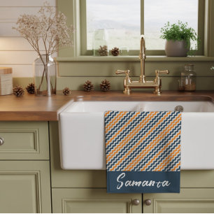 Vintage diagonal geometric orange grey name tea towel