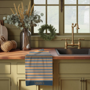 Vintage diagonal geometric orange grey name tea towel