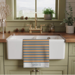 Vintage diagonal geometric orange grey name tea towel