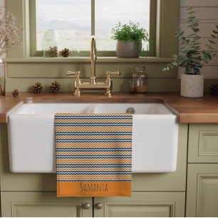 Vintage diagonal geometric orange grey name tea towel