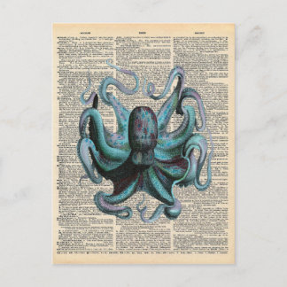 Vintage Dictionary Art Blue Ocean Octopus Postcard
