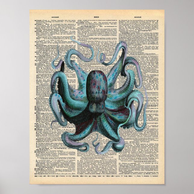Vintage Dictionary Art Blue Ocean Octopus Poster (Front)