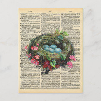 Vintage Dictionary Art Blue Robin's Eggs in Nest Postcard