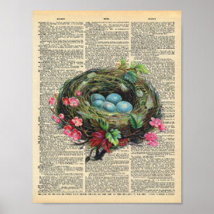 Vintage Dictionary Art Blue Robin's Eggs in Nest Poster