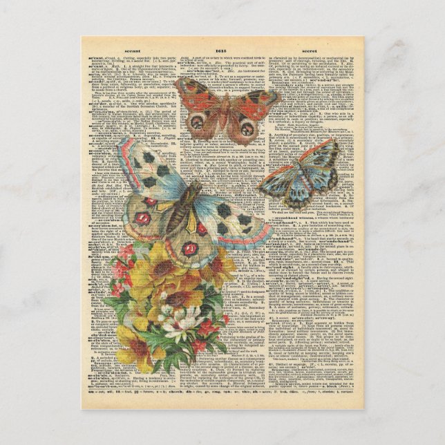 Vintage Dictionary Art Colourful Butterflies Postcard (Front)