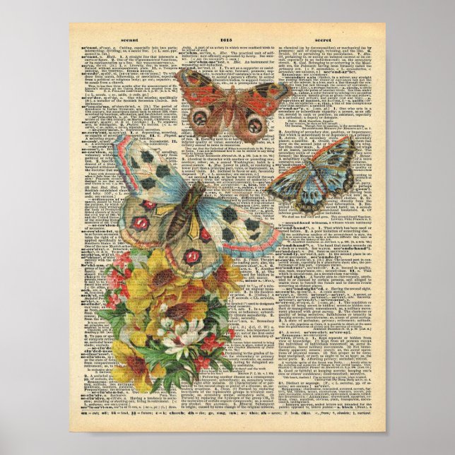Vintage Dictionary Art Colourful Butterflies Poster (Front)