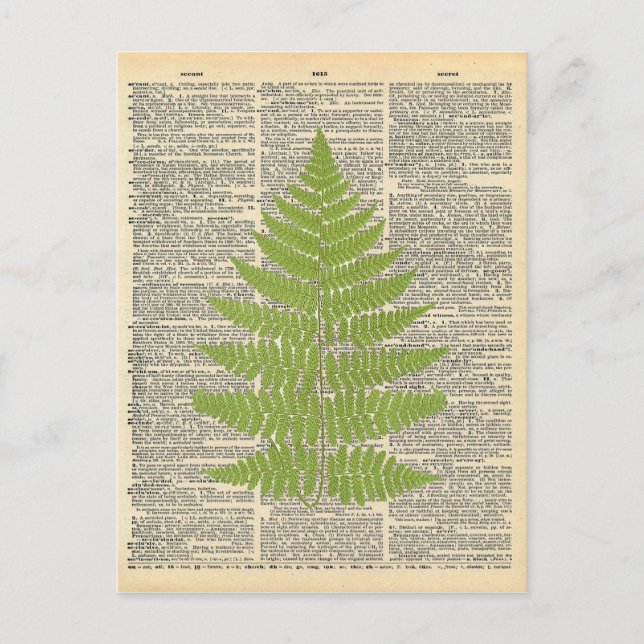 Vintage Dictionary Art Green Fern Frond Postcard (Front)
