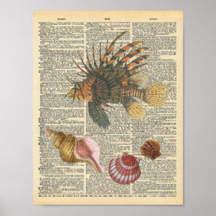 Vintage Dictionary Art Lion Fish and Beach Shells Poster