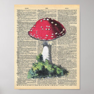 Vintage Dictionary Art Red Mushroom Fairy House Poster