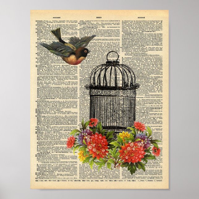 Vintage Dictionary Wall Art Bird and Cage (Front)