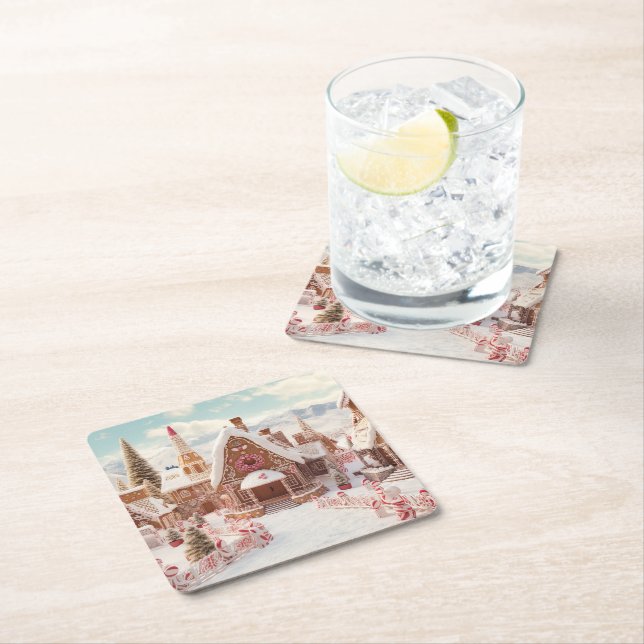 Vintage digital gingerbread village  square paper coaster (Insitu)