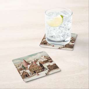 Vintage digital gingerbread village  square paper coaster