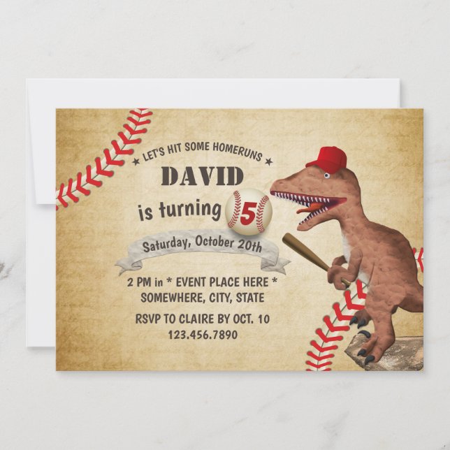 Vintage Dinosaur Baseball 5th Birthday Party Invitation (Front)