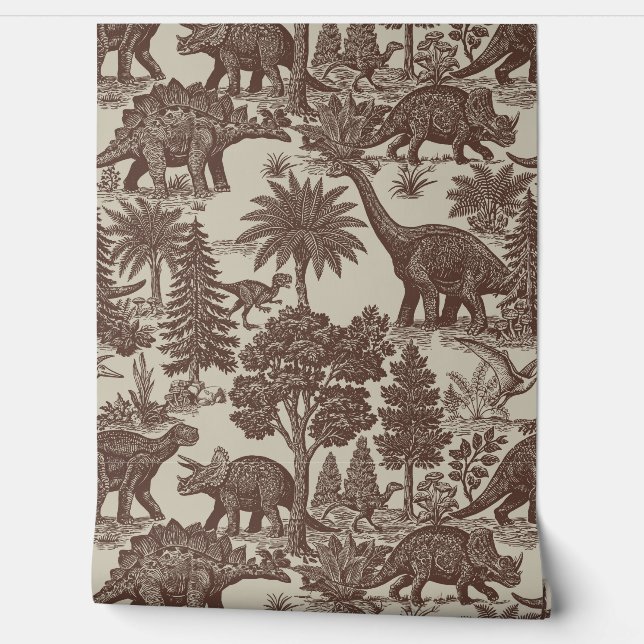 Vintage Dinosaur Toile Pattern Wallpaper (Unrolling)