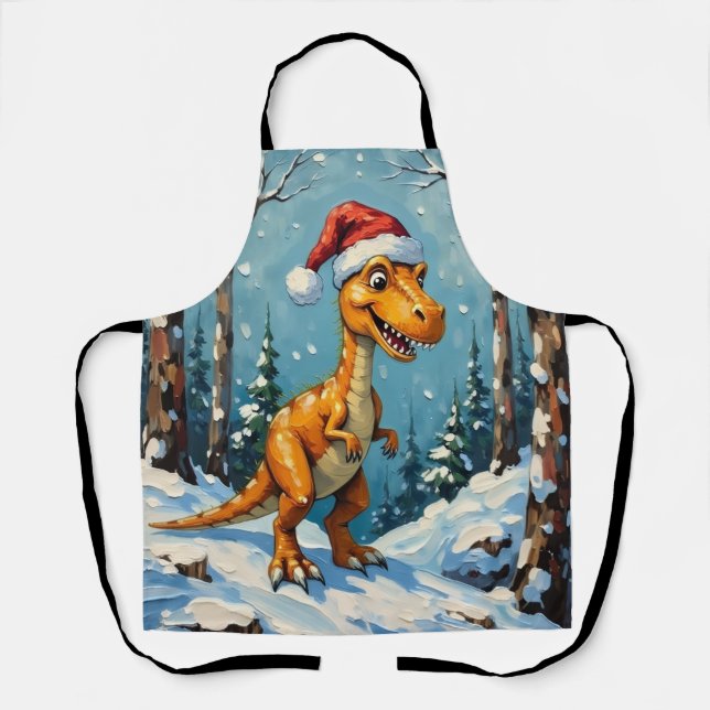 Vintage Dinosaur with Santa Hat Christmas Scene Apron (Front)
