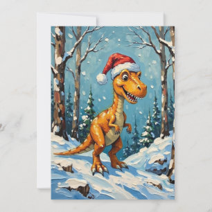 Vintage Dinosaur with Santa Hat Christmas Scene Holiday Card
