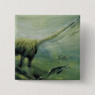 Vintage Dinosaurs, Brachiosaurus Swimming in Ocean 15 Cm Square Badge