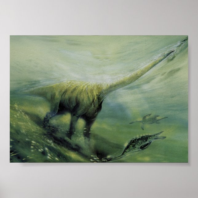 Vintage Dinosaurs, Brachiosaurus Swimming in Ocean Poster (Front)