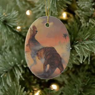 Vintage Dinosaurs, Carnotaurus Roaring in Jungle Ceramic Tree Decoration