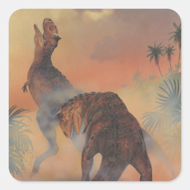 Vintage Dinosaurs, Carnotaurus Roaring in Jungle Square Sticker (Front)