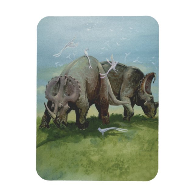 Vintage Dinosaurs, Centrosaurus Grazing in Meadow Magnet (Vertical)