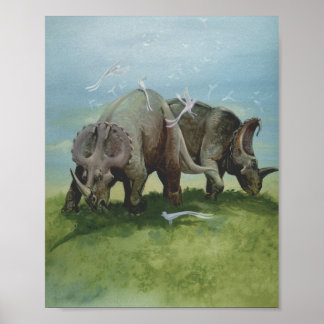 Vintage Dinosaurs, Centrosaurus Grazing in Meadow Poster
