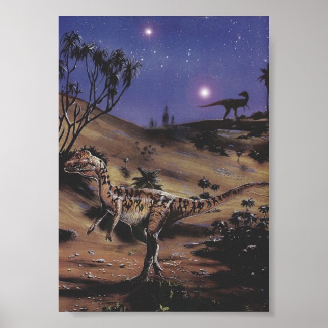 Vintage Dinosaurs, Dilophosaurus on a Starry Night Poster (Front)