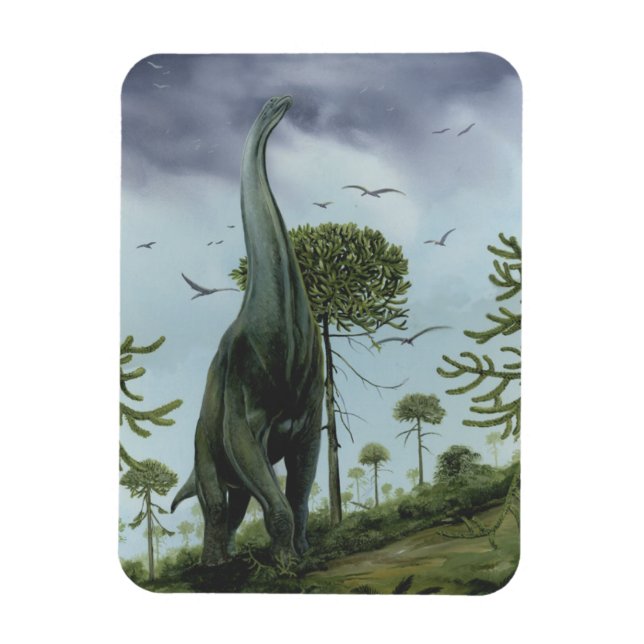 Vintage Dinosaurs, Sauroposeidon with Birds Flying Magnet (Vertical)