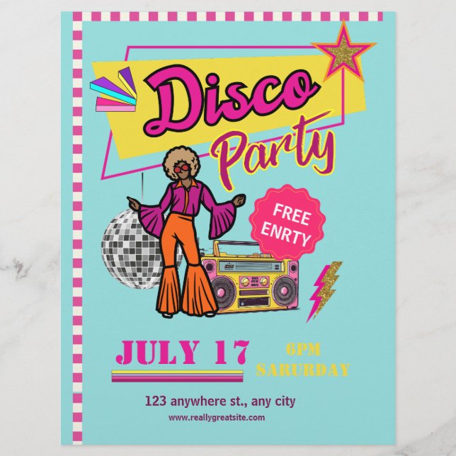 Vintage Disco Party Flyer 80s retro Birthday Party (Front)