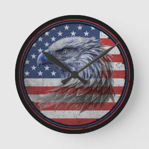 Vintage Distressed American Flag Eagle Round Clock