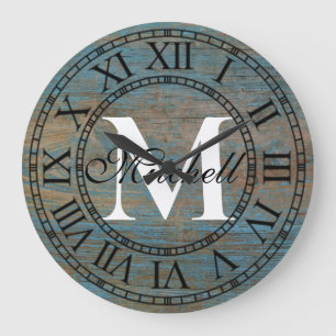 Vintage Distressed Antique Wood Unique Monogram Large Clock