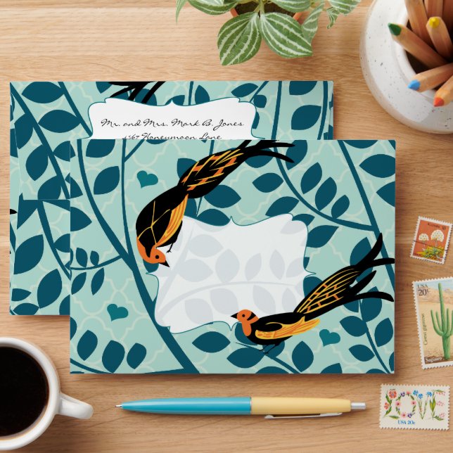 Vintage Distressed Art Deco Birds Wedding Envelope (Desk)