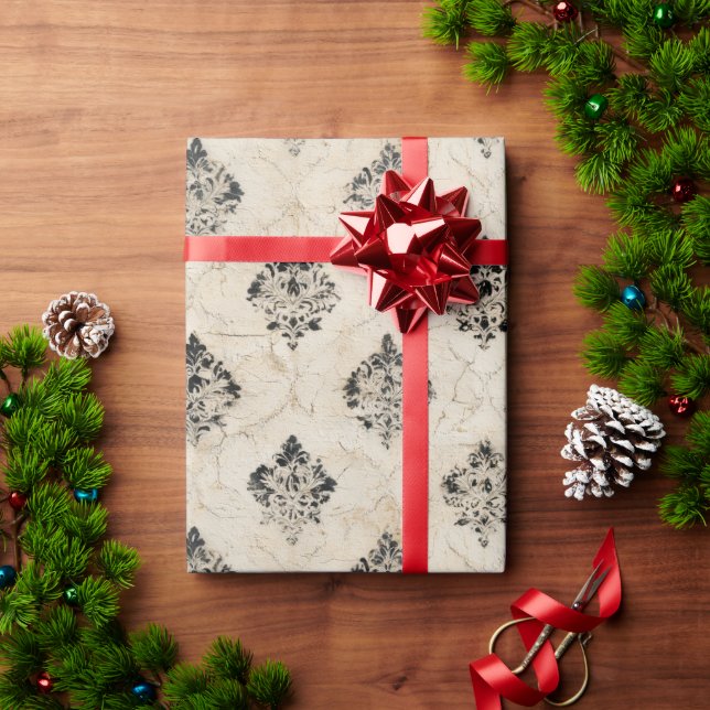 Vintage Distressed Black Damask Beige Background Wrapping Paper (Holiday Gift)