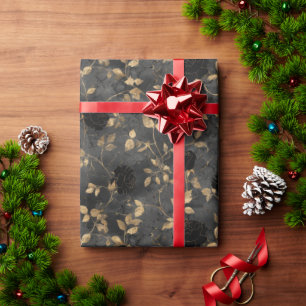 Vintage Distressed Black Flowers Beige Background Wrapping Paper