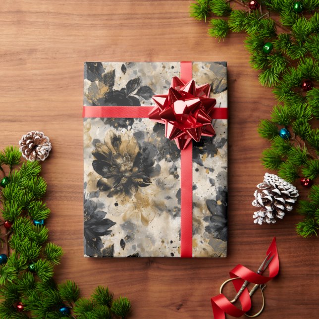 Vintage Distressed Black Flowers Beige Background Wrapping Paper (Holiday Gift)