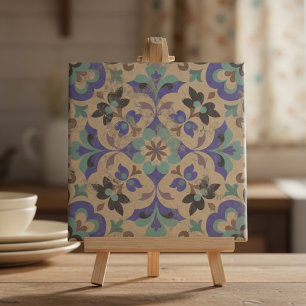 Vintage Distressed Brown Beige Teal Purple Floral Tile