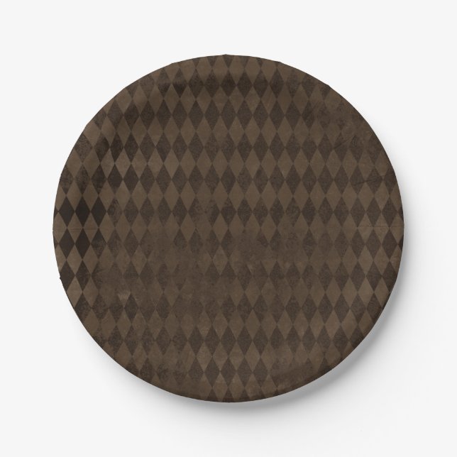 Vintage Distressed Brown Harlequin  Paper Plate (Front)