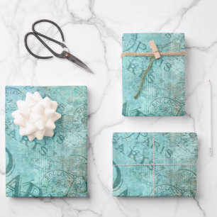 Vintage Distressed Fashion Paris Turquoise Aqua Wrapping Paper Sheet