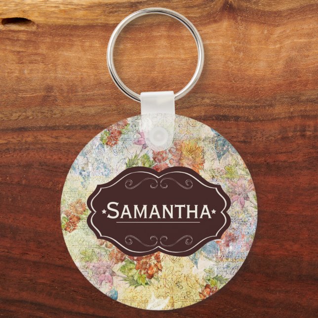 Vintage Distressed Flower Pattern Personalised Key Ring (Front)