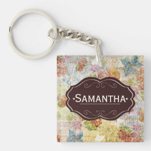Vintage Distressed Flower Pattern Personalised Key Ring