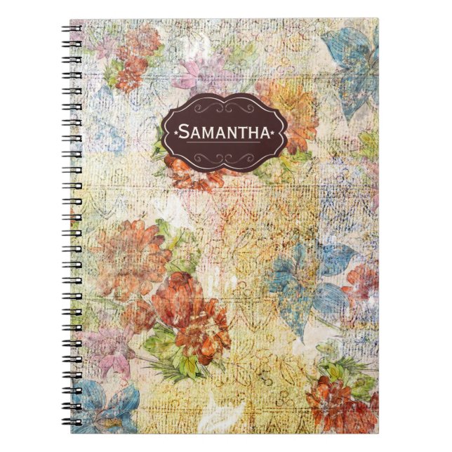 Vintage Distressed Flower Pattern Personalised Notebook (Front)
